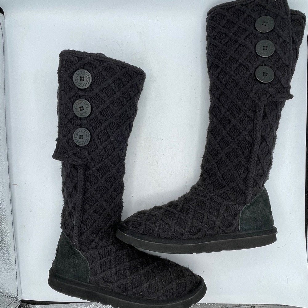 UGG Australia Lattice Cardy Black Knit Tall Button Boots Sweater Sz 8